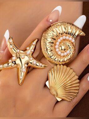 Gold Sea Shell Ring Trio with Pearl Accents - Women Jewelry